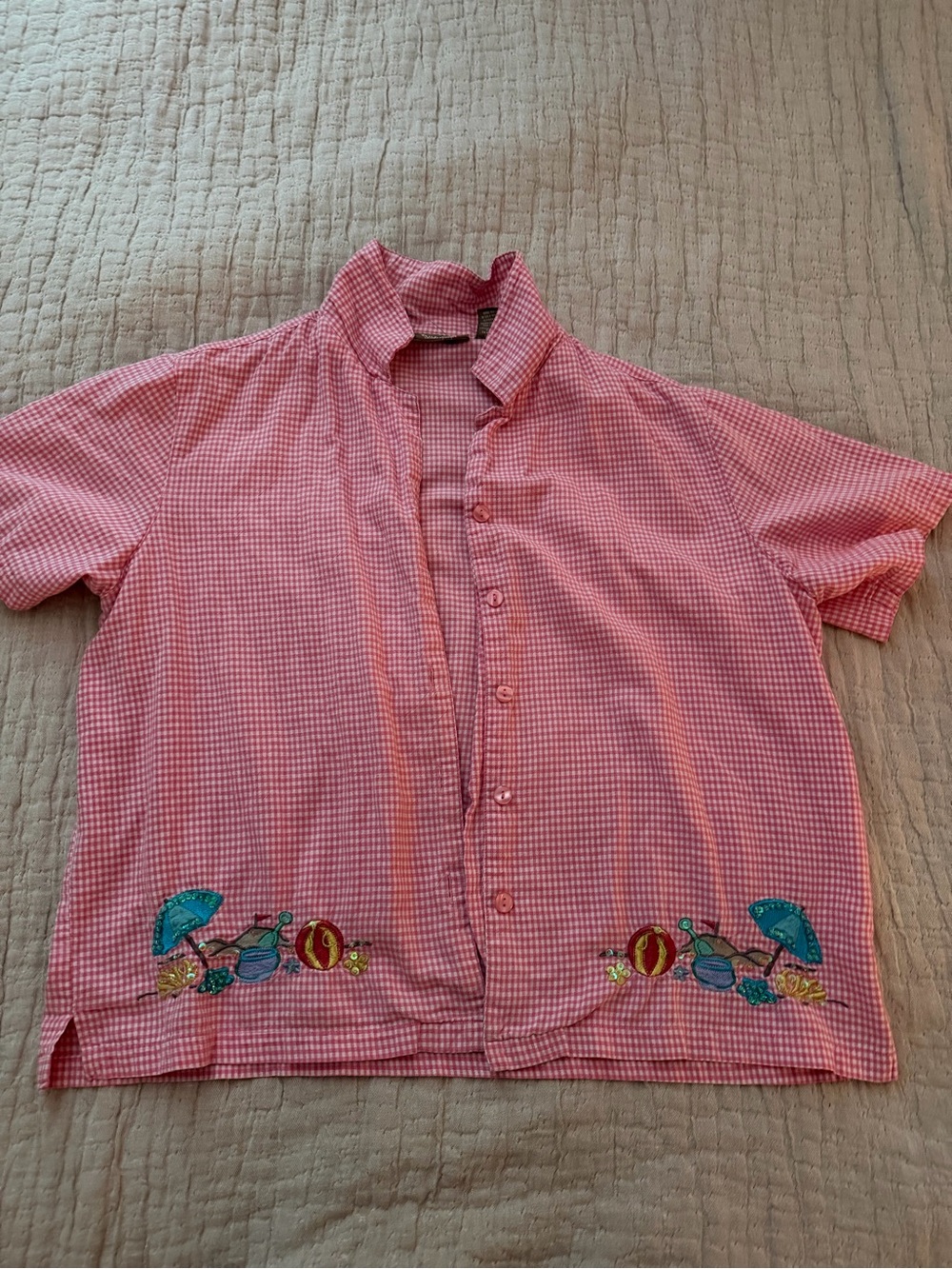Gingham Beach Embroidered Button Up